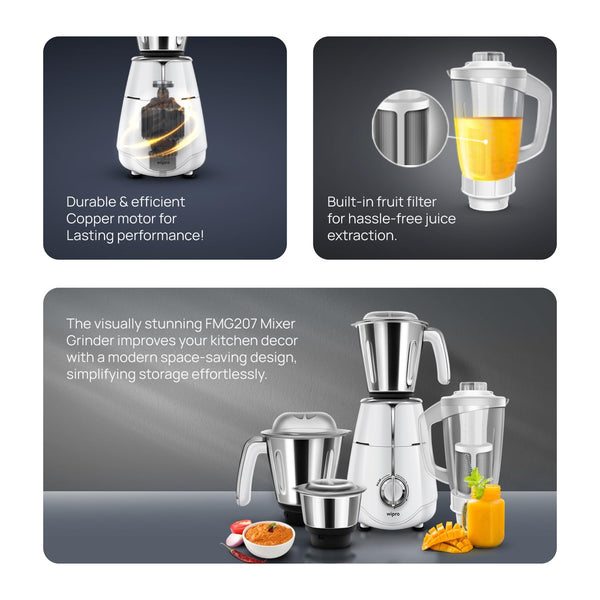 Wipro Elato FMG207 1000 Watt Mixer Grinder (4 Jars, White)