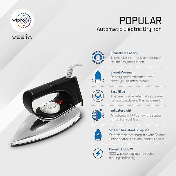 Wipro Popular 1000 Watts GD102 Lightweight Chrome finsh Automatic Electric Dry Iron | Anti bacterial German Weilburg Coated Soleplate | Quick Heat Up | Stylish & Sleek |Aluminium