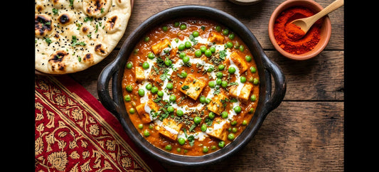 bowl of soft paneer cubes and green peas in a rich onion-tomato gravy