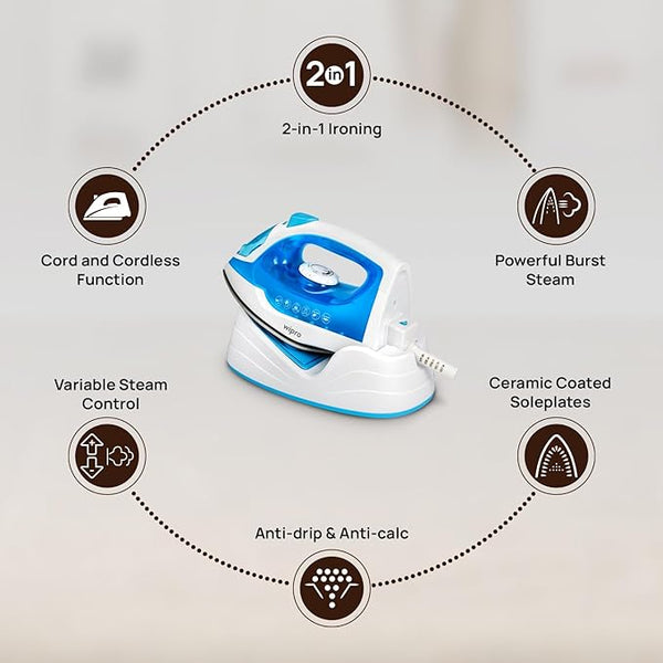 Wipro Elato GS206 2in1 Cord Plus Cordless Steam Iron|Dry&Steam Iron|1250 Watts|Scratch Resistant Ceramic Soleplate|Vertical&Horizontal Steaming|Anti Calc|Anti Drip|Autoclean Tech|2 Years Warranty