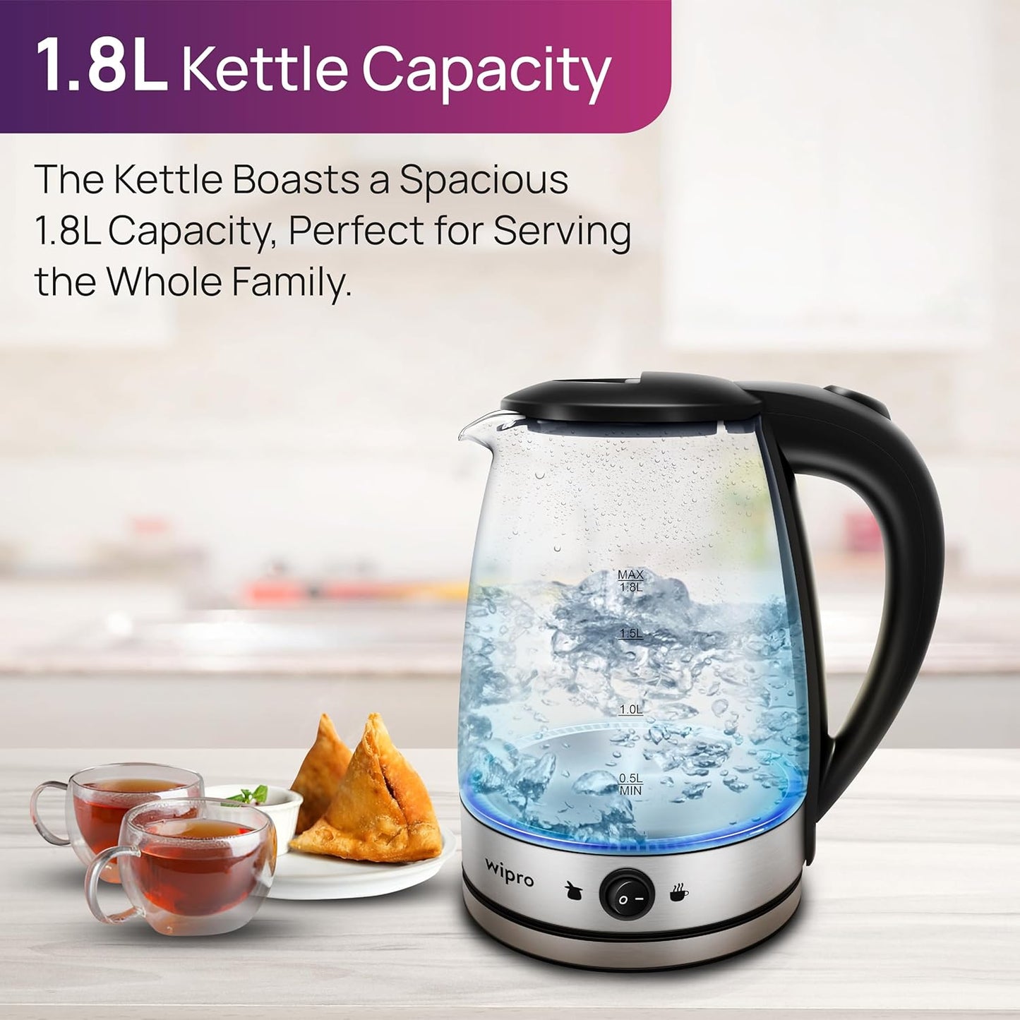 Wipro Elato 1.8 litre Glass LED electric Kettle with Keep warm Function