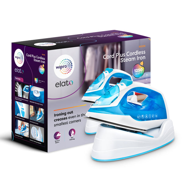Wipro Elato GS206 2in1 Cord Plus Cordless Steam Iron|Dry&Steam Iron|1250 Watts|Scratch Resistant Ceramic Soleplate|Vertical&Horizontal Steaming|Anti Calc|Anti Drip|Autoclean Tech|2 Years Warranty