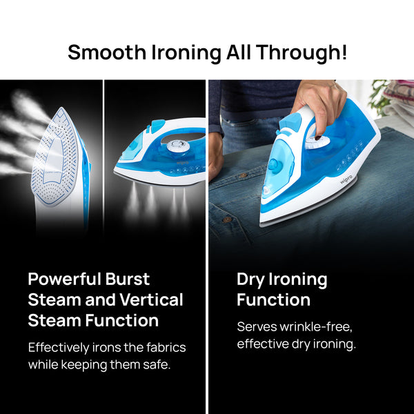 Wipro Elato GS206 2in1 Cord Plus Cordless Steam Iron|Dry&Steam Iron|1250 Watts|Scratch Resistant Ceramic Soleplate|Vertical&Horizontal Steaming|Anti Calc|Anti Drip|Autoclean Tech|2 Years Warranty