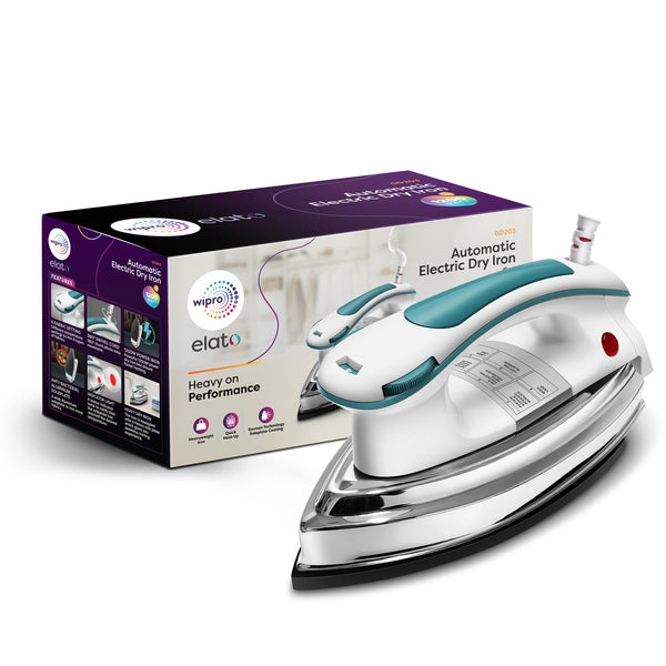 Wipro Elato 1200 Watt GD203 Heavyweight Automatic Dry Iron| Quick Heat Up| Anti Bacterial German Weilburger Double Coated Black Soleplate| 5 Mode Heating Temperature