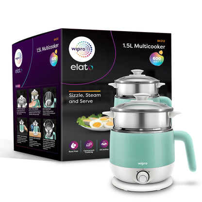 Wipro Elato BK212 Multi Cooker Kettle 1.5 L|Cool Touch|SS304-RustProof|Dual Temperature Control|Concurrent Cooking|Boil Eggs&amp;Milk|Steam Veggies|Make Tea,Coffee,Soup & Noodles|2 Years Warranty|600W|Blue