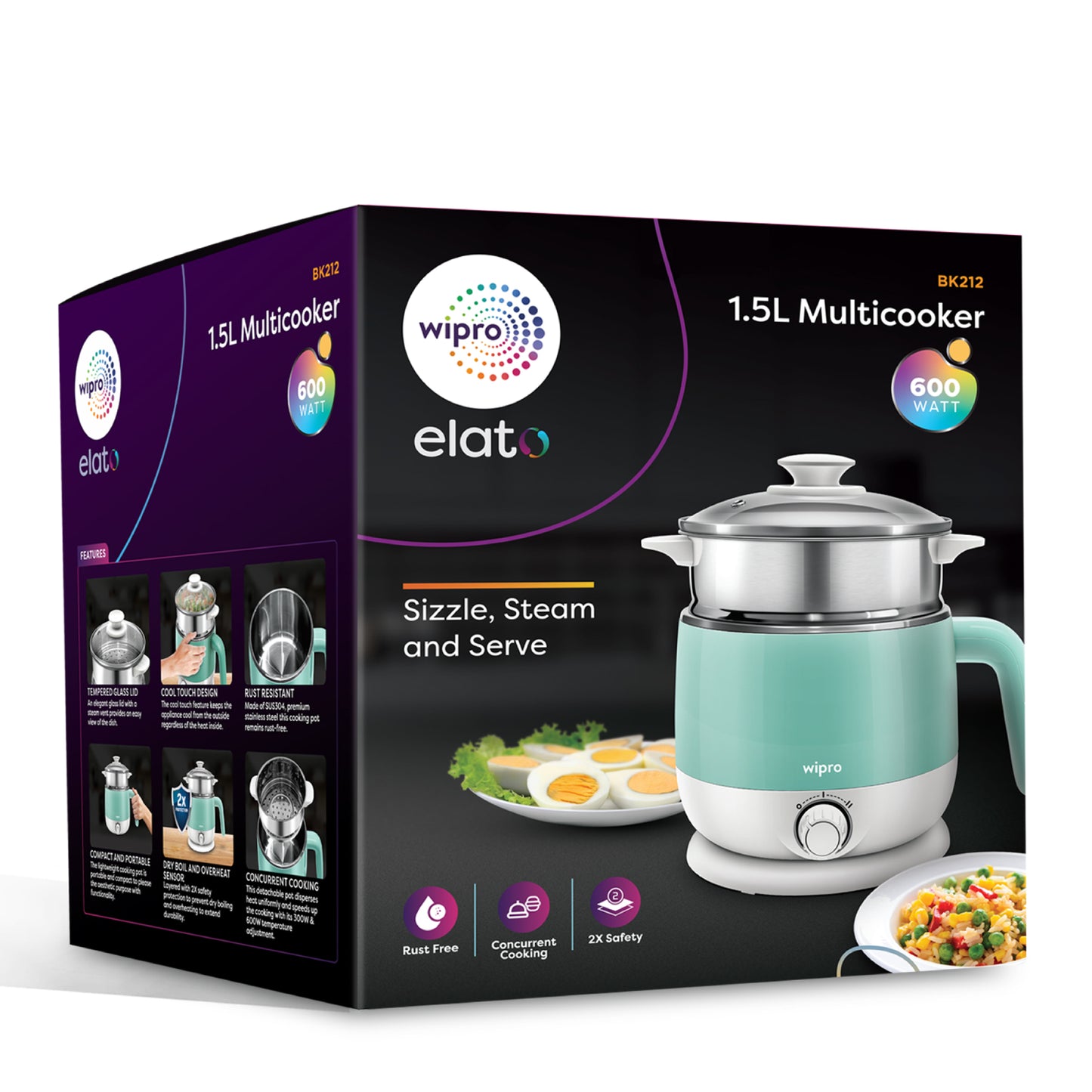 Wipro Elato BK212 Multi Cooker Kettle 1.5 L|Cool Touch|SS304-RustProof|Dual Temperature Control|Concurrent Cooking|Boil Eggs&amp;Milk|Steam Veggies|Make Tea,Coffee,Soup & Noodles|2 Years Warranty|600W|Blue