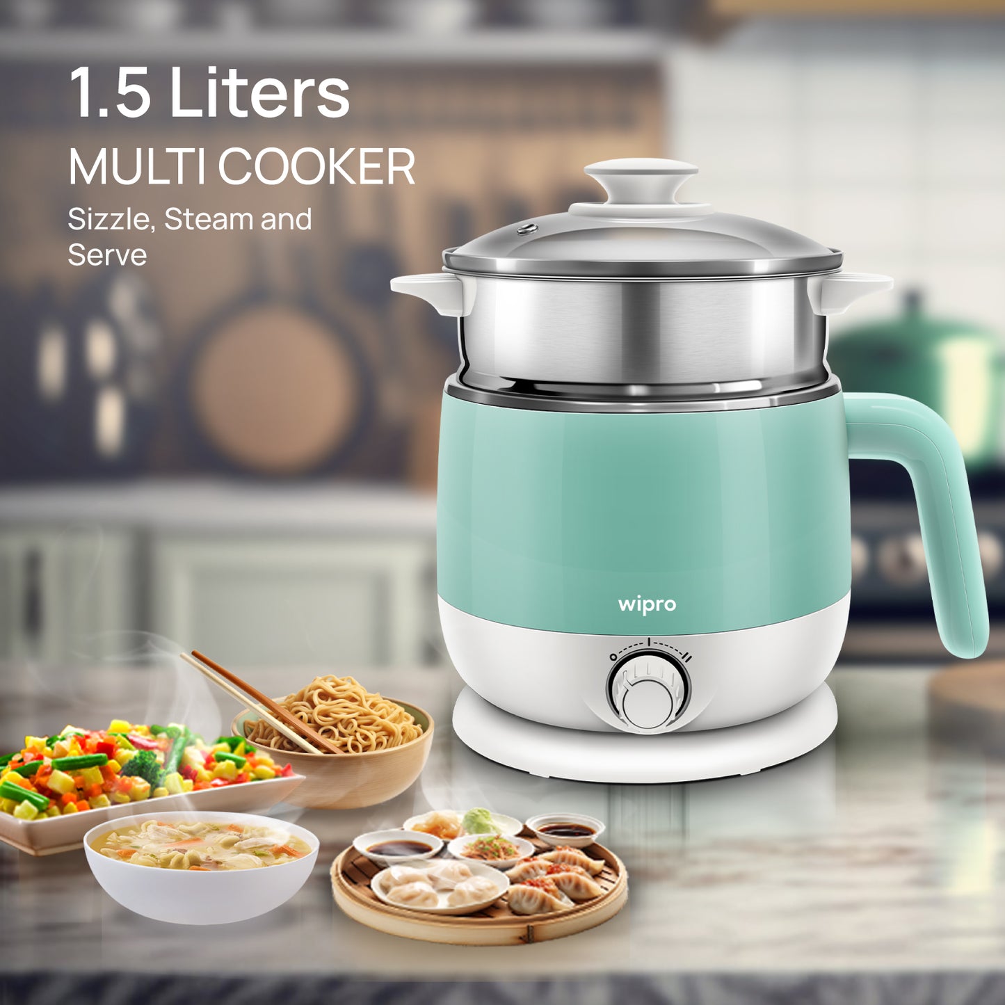 Wipro Elato BK212 Multi Cooker Kettle 1.5 L|Cool Touch|SS304-RustProof|Dual Temperature Control|Concurrent Cooking|Boil Eggs&amp;Milk|Steam Veggies|Make Tea,Coffee,Soup & Noodles|2 Years Warranty|600W|Blue