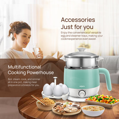 Wipro Elato BK212 Multi Cooker Kettle 1.5 L|Cool Touch|SS304-RustProof|Dual Temperature Control|Concurrent Cooking|Boil Eggs&amp;Milk|Steam Veggies|Make Tea,Coffee,Soup & Noodles|2 Years Warranty|600W|Blue