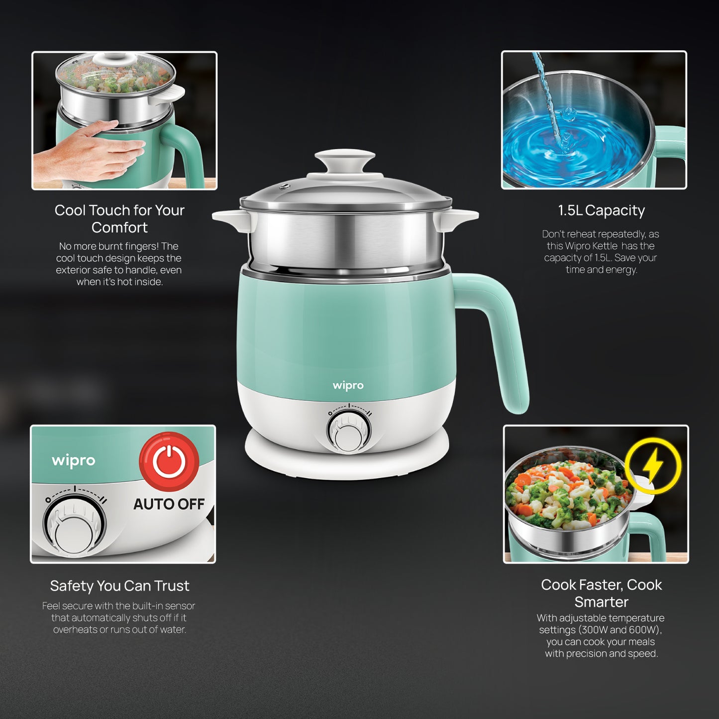 Wipro Elato BK212 Multi Cooker Kettle 1.5 L|Cool Touch|SS304-RustProof|Dual Temperature Control|Concurrent Cooking|Boil Eggs&amp;Milk|Steam Veggies|Make Tea,Coffee,Soup & Noodles|2 Years Warranty|600W|Blue